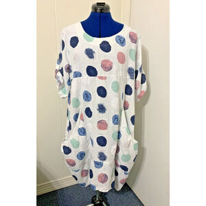 Camille & Co Polka Dot Linen Tulip Dress Size XL Pockets Artsy Lagenlook